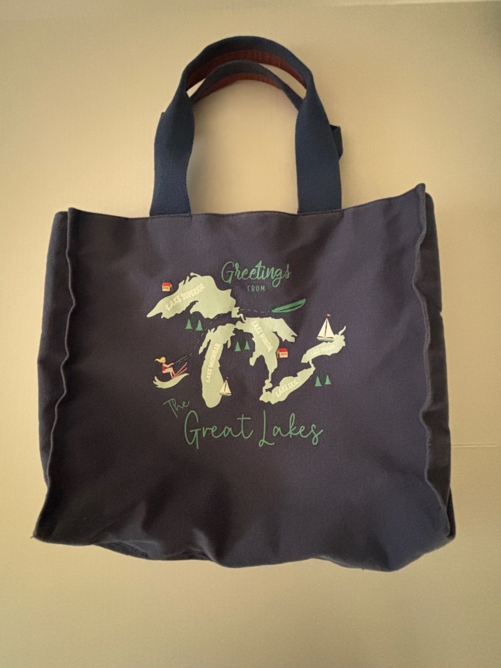Navy Canvas Tote Bag Greetings From The Great Lakes w/ Faux Leather Straps